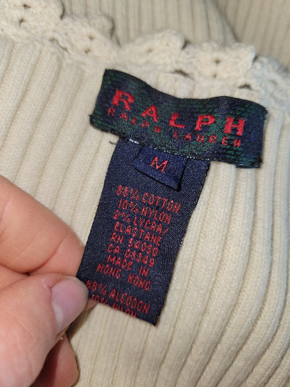 Ralph Lauren Cream Square Neck Lace Trim Ribbed Tie Front Shirt Women's Size M - Picture 9 of 9